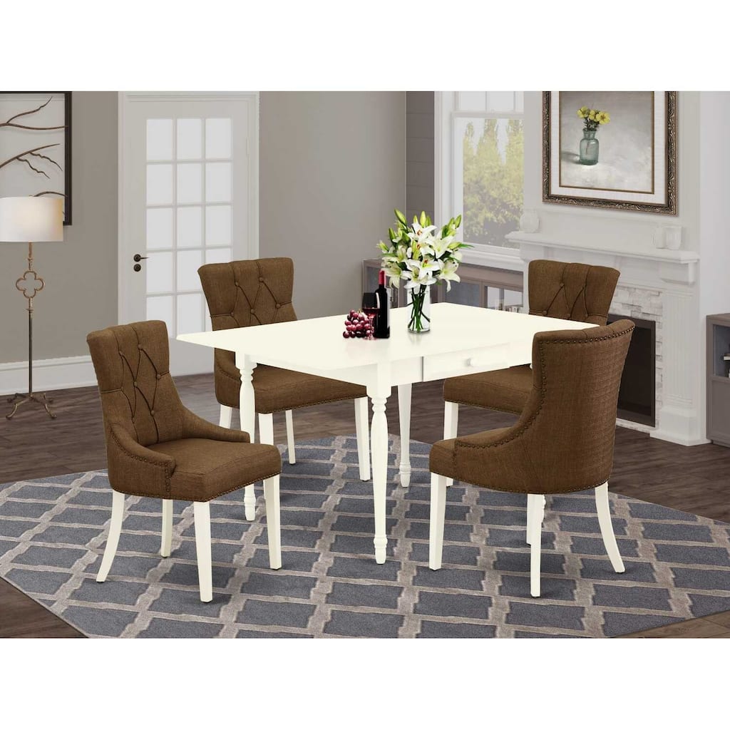 HomeStock 5-Pc Linen White Finish Solid Wood Top - Dining Room Set with Dropleaf - Seats 4