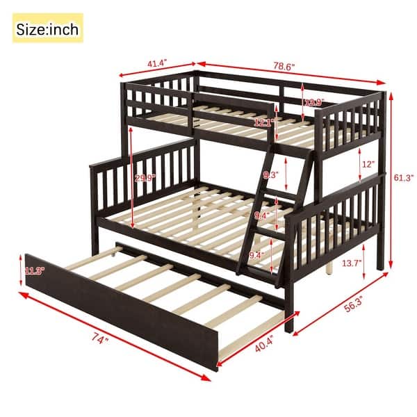 dimension image slide 0 of 3, Bunk Bed with Trundle, Convertible Ladder and Guardrail