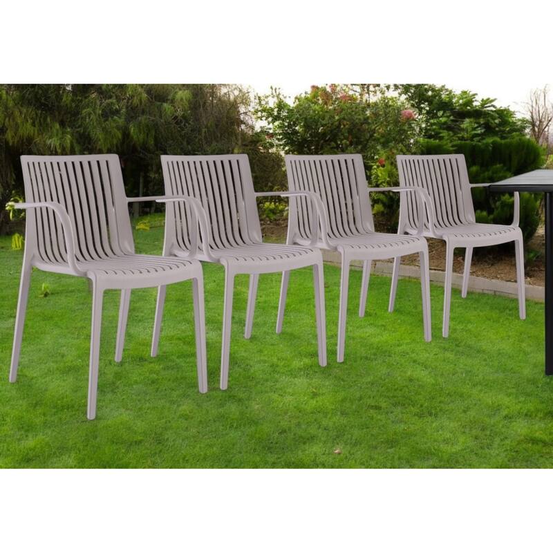HomeRoots Set of Two Taupe Heavy Duty Plastic Outdoor Stacking Arm Chairs - Taupe