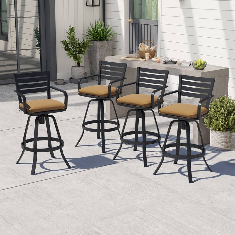 Outdoor Aluminum Swivel Bar Stools Sunbrella Textilene Sling Patio Barstools - Echo Teak - 4PC