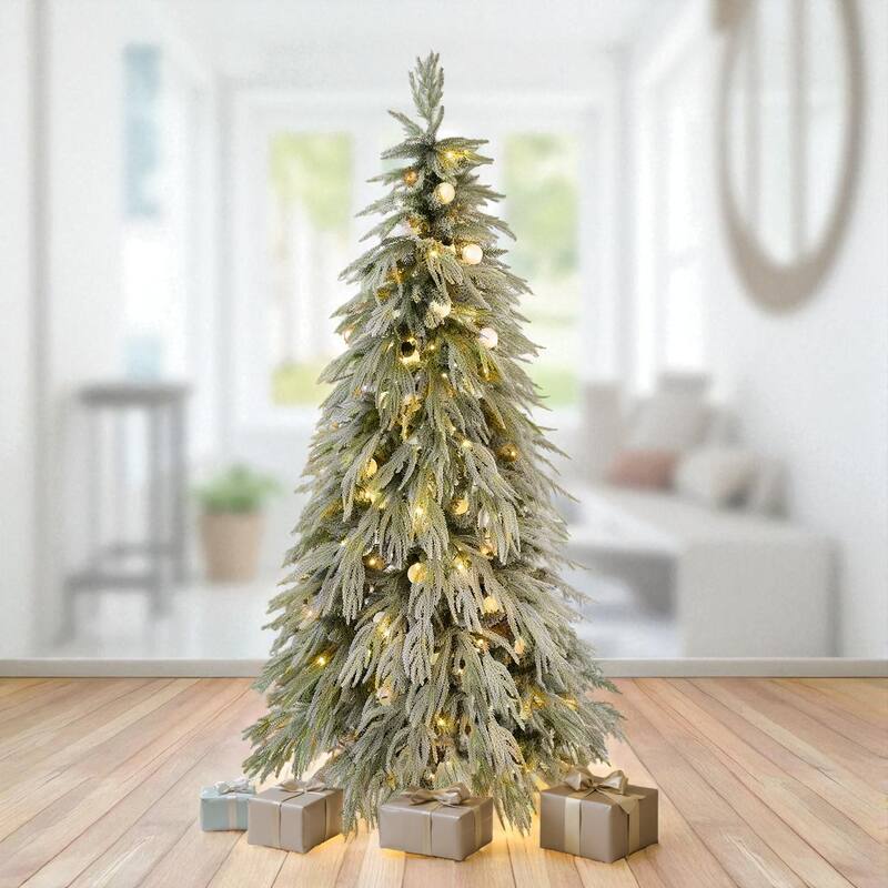 6FT Pre-Lit Snow Flocked Christmas Tree with Warm LED Lights, Artificial Hinged Spruce Holiday Décor - Green