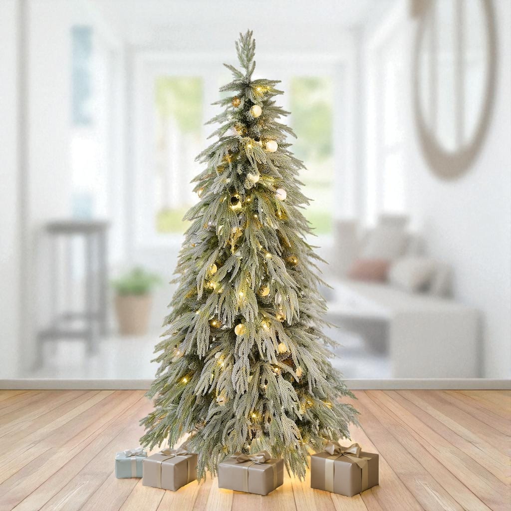 6FT Pre-Lit Snow Flocked Christmas Tree with Warm LED Lights, Artificial Hinged Spruce Holiday Décor