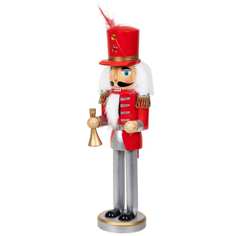 14" Red and White Wooden Christmas Nutcracker with Horn