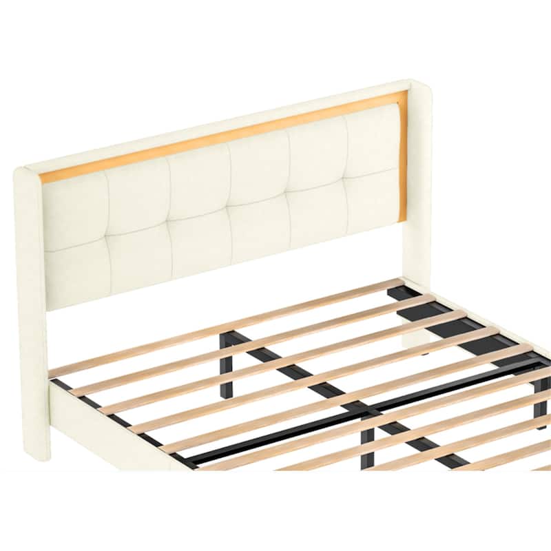 Upholstered platform bed frame with headboard and sturdy wooden slats