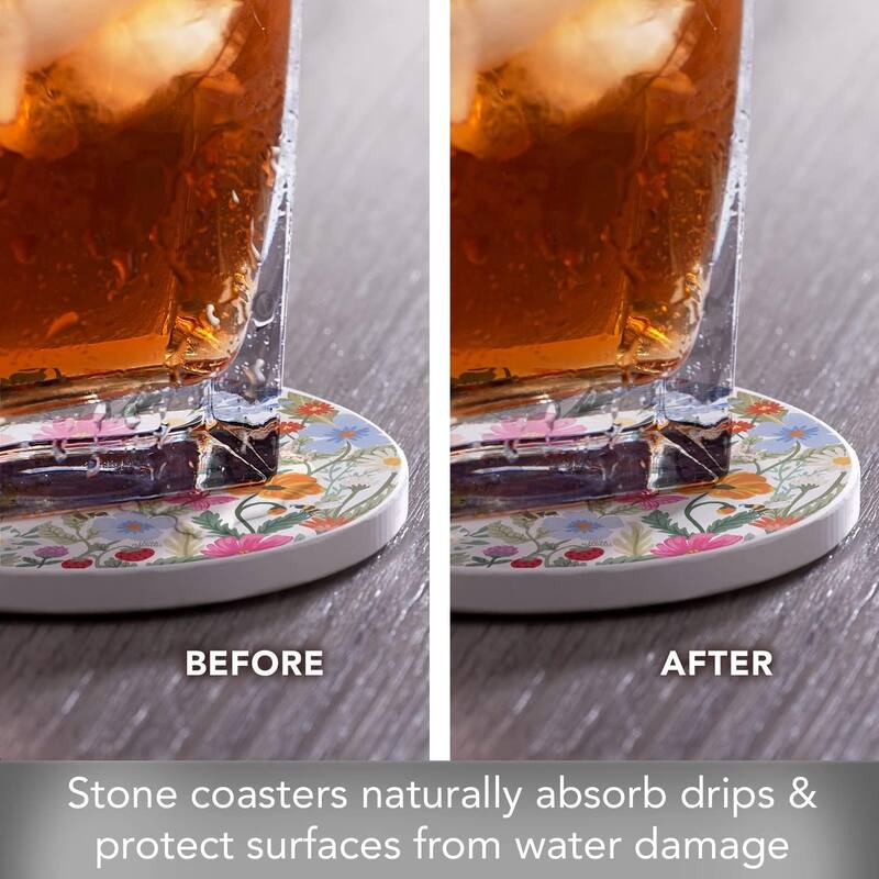 Wild Meadow Floral Round Absorbent Stone Coaster 4 Pack with Protective Cork Backing. Manufactured in The USA