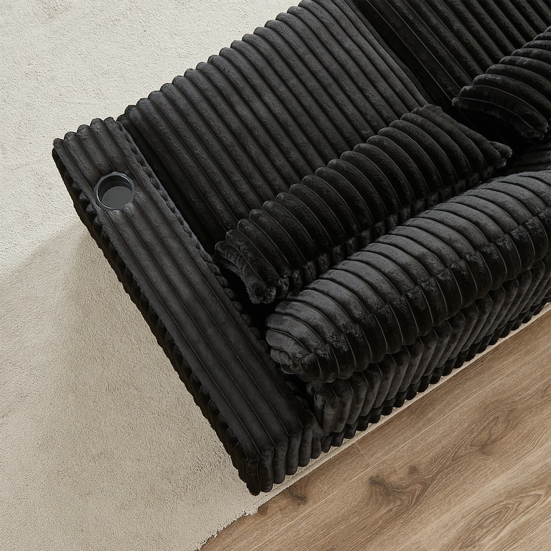 Super Large 126-Inch Corduroy L-Shaped Sofa with Cup Holders, USB Port, Movable Footrest, and 8 Cushions.