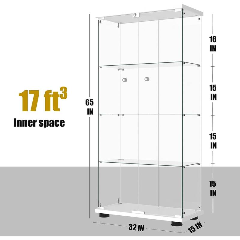 Glass Display Cabinet 4-Shelf 2 Doors with LED Push Light Lockable, 5mm Tempered Glass Floor-Standing Glass Bookshelf