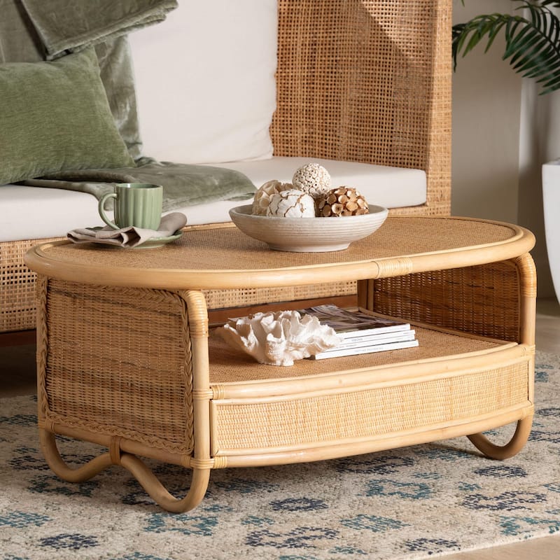 Dyna Natural Rattan Coffee Table with Open Shelf - Handwoven Wicker Accent Table with Oval Tabletop and Braided Weavings