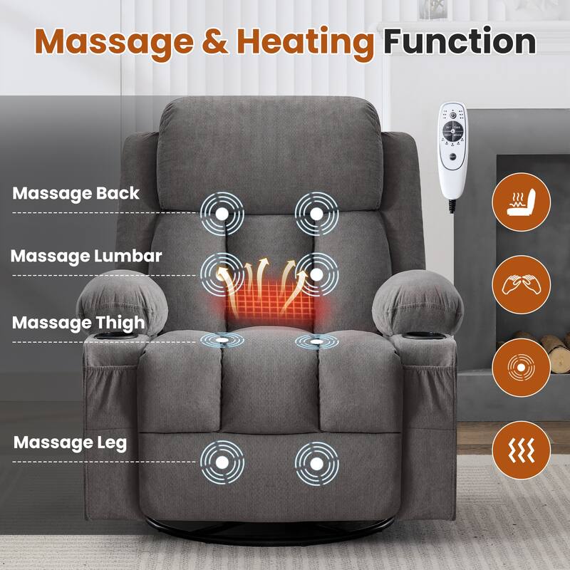 Anmytek Swivel Rocker Recliner with Heat and Massage USB Charging Port and 2 Cup Holders