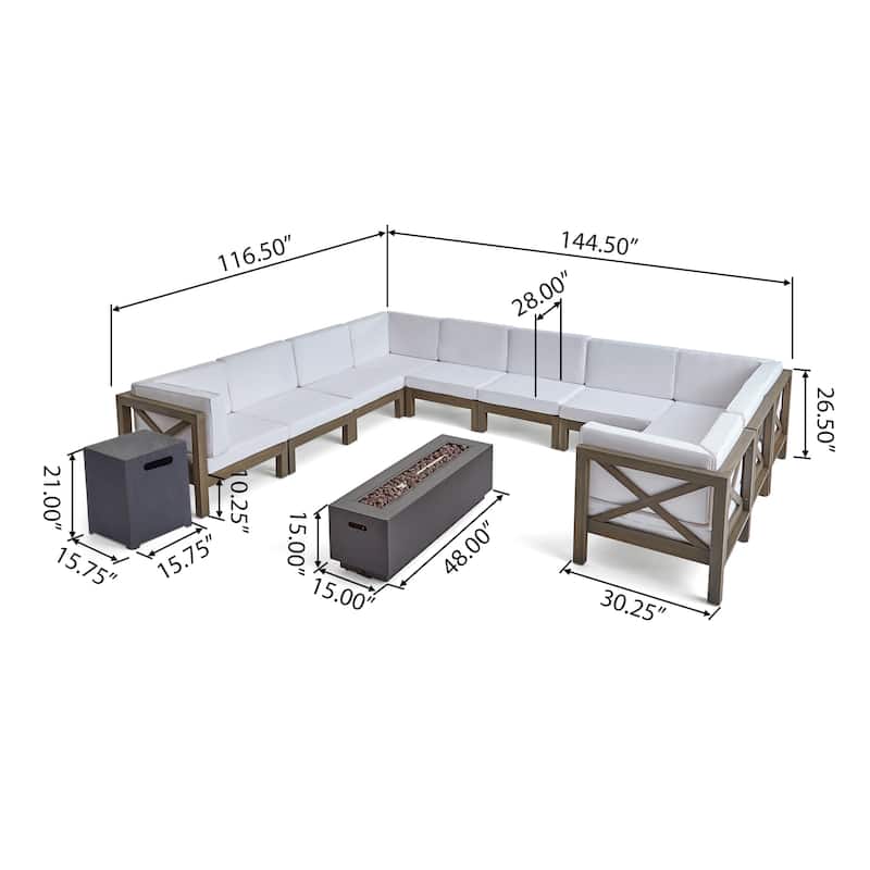 Comores Outdoor Acacia Wood 10 Seater U-Shaped Sectional Sofa Set with Fire Pit by Christopher Knight Home