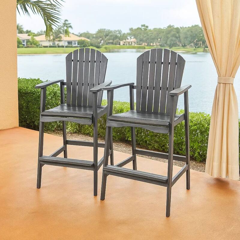Outdoor Barstool Chair Set of 2, Rustic Slatted Back, Dark Gray Wood