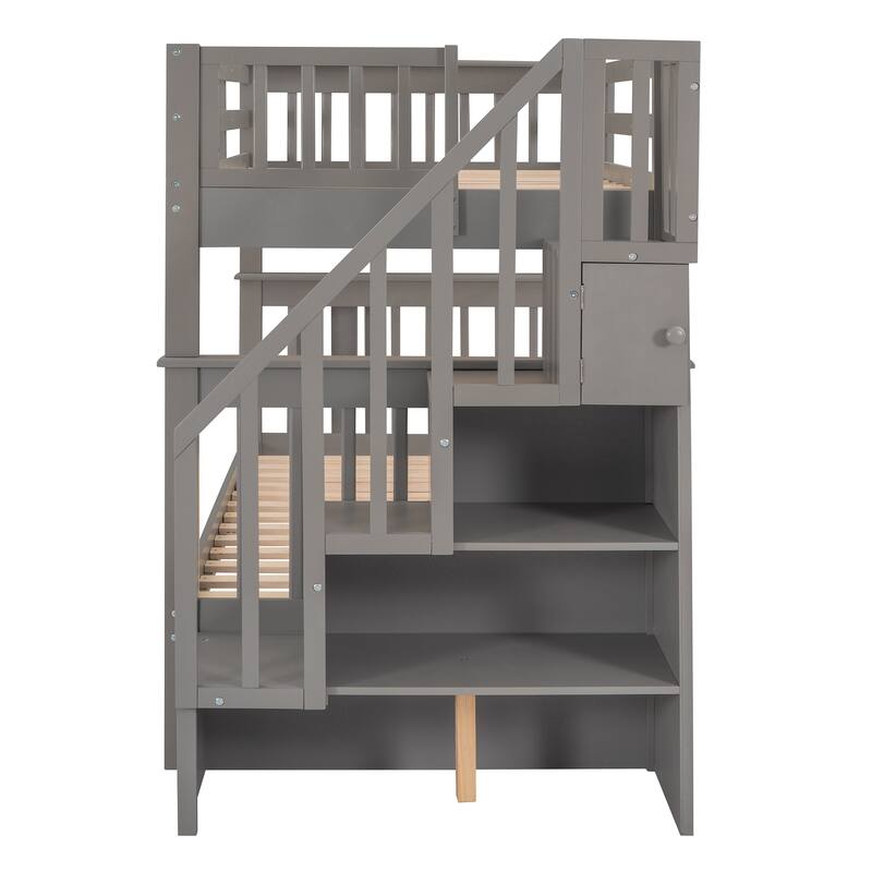 Twin-Over-Twin Bunk Bed with Trundle, Storage Stairs, Gray Finish