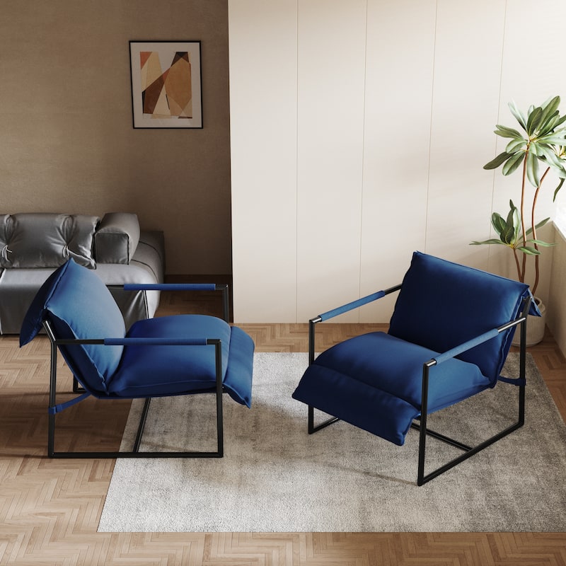 Mid-century Metal Sling Armchair with Lengthen Upholstered Set of 2