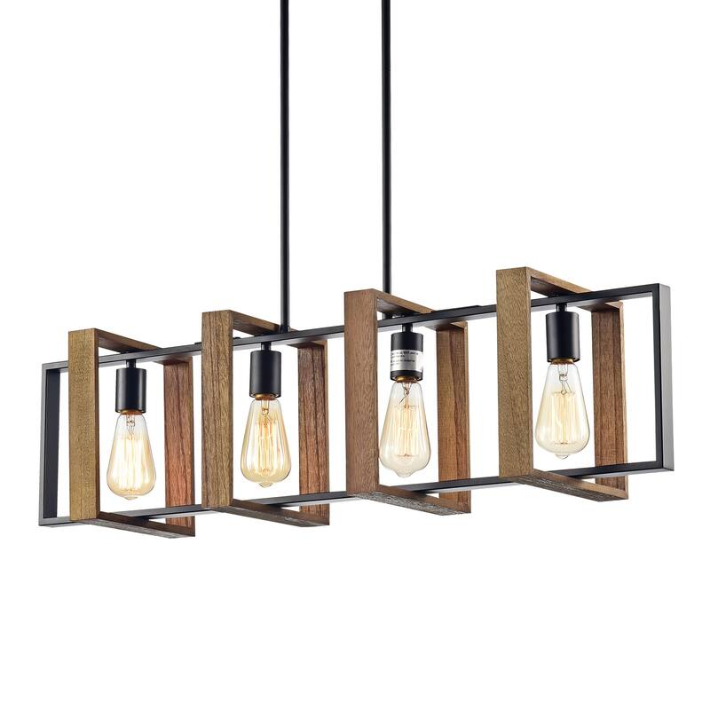 Matte Black and Wood 4-Light Linear Island Lighting with Exposed Bulbs