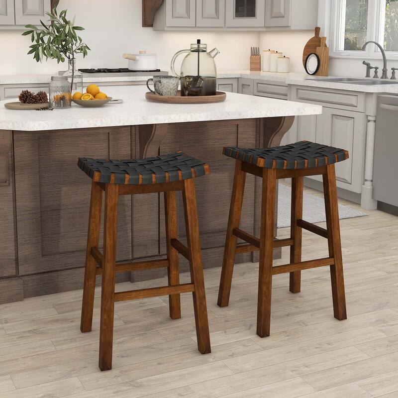 Set of 2 Woven Saddle Stools Faux PU Leather Kitchen Stool