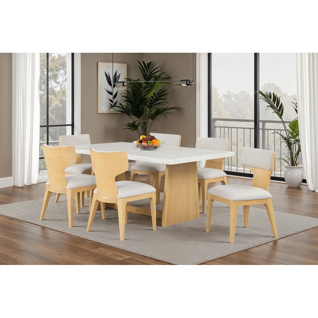 7pc Dining Set Modern Curved Design Table and Side Chairs Natural Finish