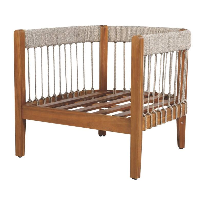 Boho-Style Outdoor Club Chair – Handwoven Rope Accents & Curved Acacia Wood Backrest, Water-Resistant with Removable Cushions .
