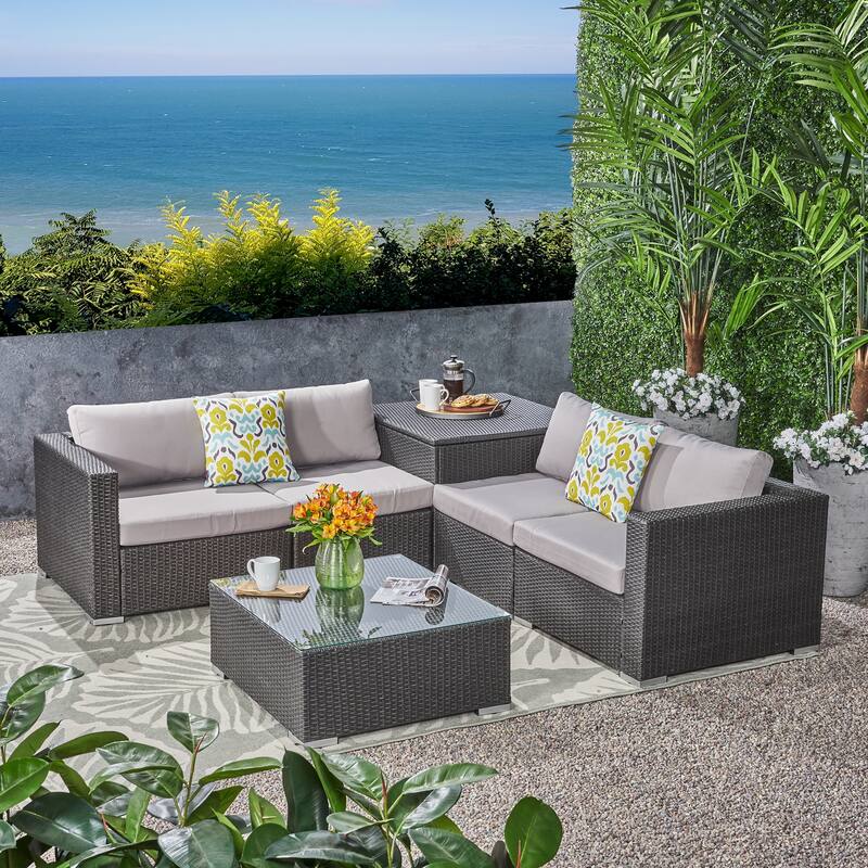 Santa Rosa Outdoor 6-piece Wicker Sectional Sofa by Christopher Knight Home - gray + silver + light gray cushion