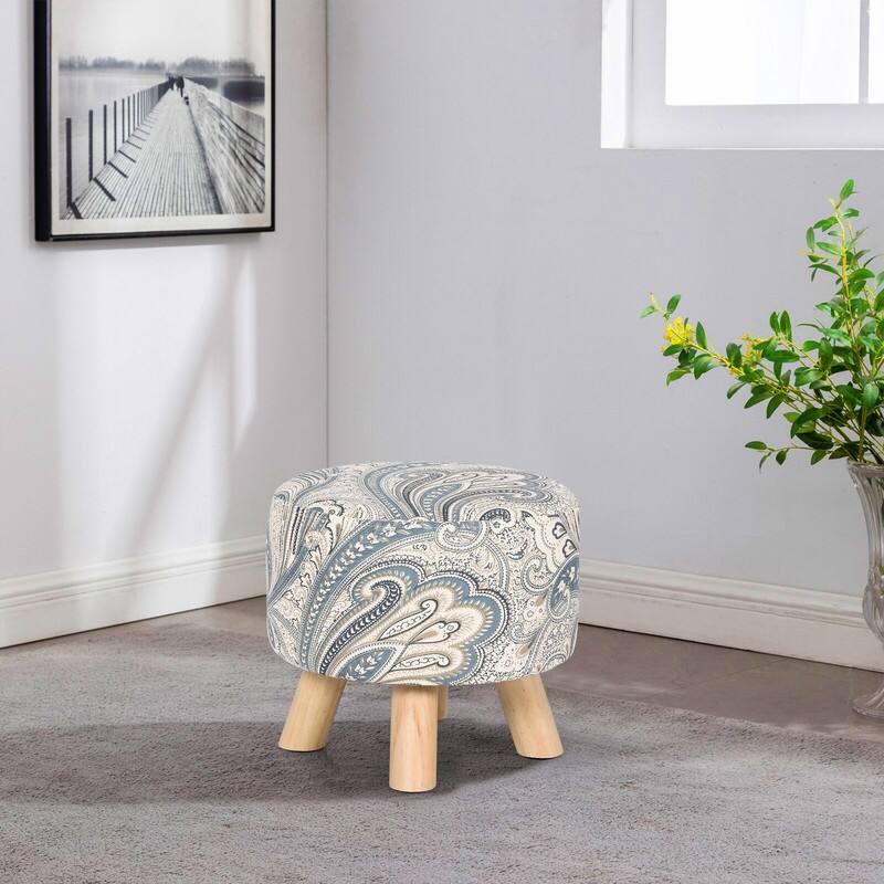 Asense Round Ottoman Foot Rest Stool Linen Fabric Padded (Set of 4)