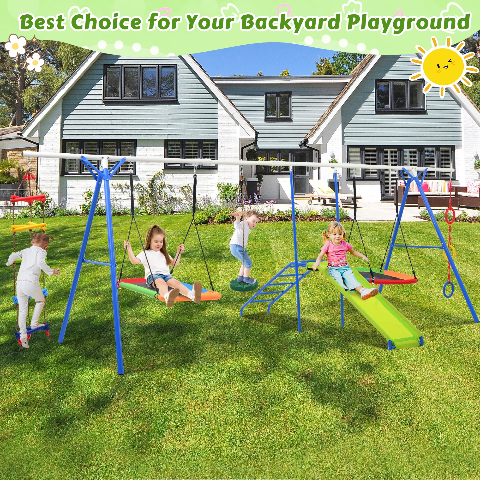 6 in 1 Swing Set for Kids Toddle Outdoor Swing and Slide Set Backyard Playground Playsets with Climbing Rope ladder Blue On Sale Bed Bath Beyond 41515829