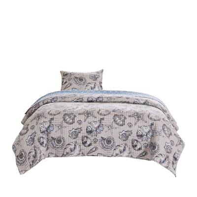 2 Piece Fabric Twin Quilt Set, Seashell, Starfish Print, White, Gray