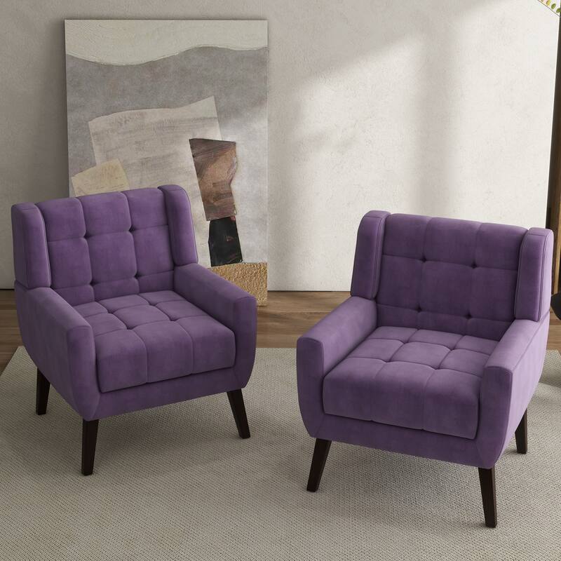 Tufted Wingback Accent Chairs Linen/Faux Leather/Velvet Armchairs Set of 2