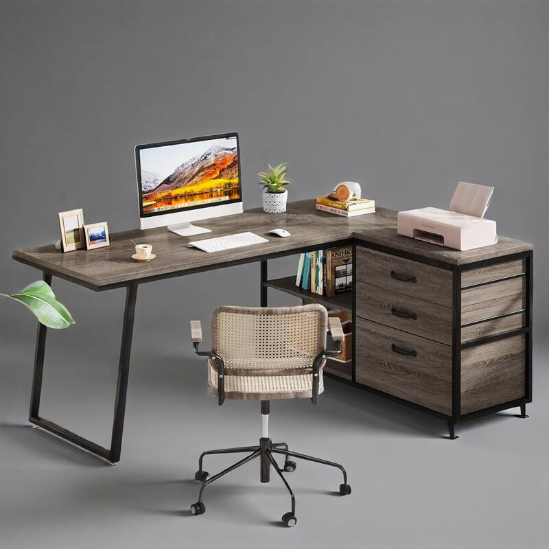 Reversible L Shaped Computer Desk with Drawers and Storage Shelves Gray Wood Finish Sturdy Home Office Workstation