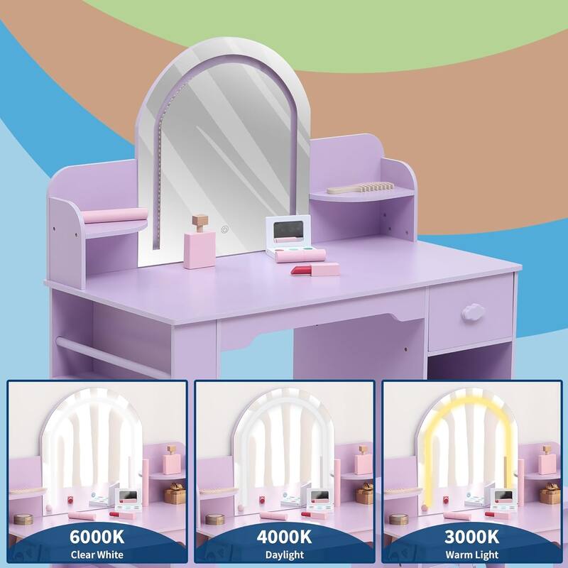 Kids Vanity Set with Lighted Mirror and Stool, 2-in-1 Makeup Tabl, for Girls Ages 3–9