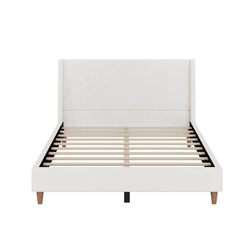 Velvet Upholstered Wingback Bed Frame with Headboard and Walnut Wooden Legs, No Box Spring Needed Low Profile Platform Bed