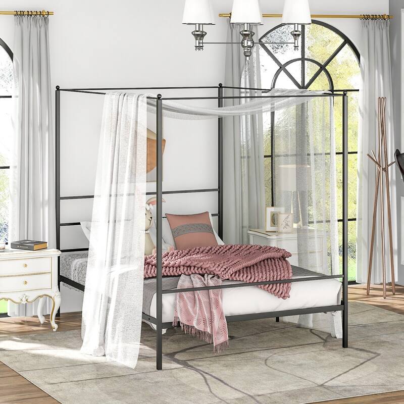 Gymax Twin/Full/Queen Metal Canopy Platform Bed Frame Mattress - Queen