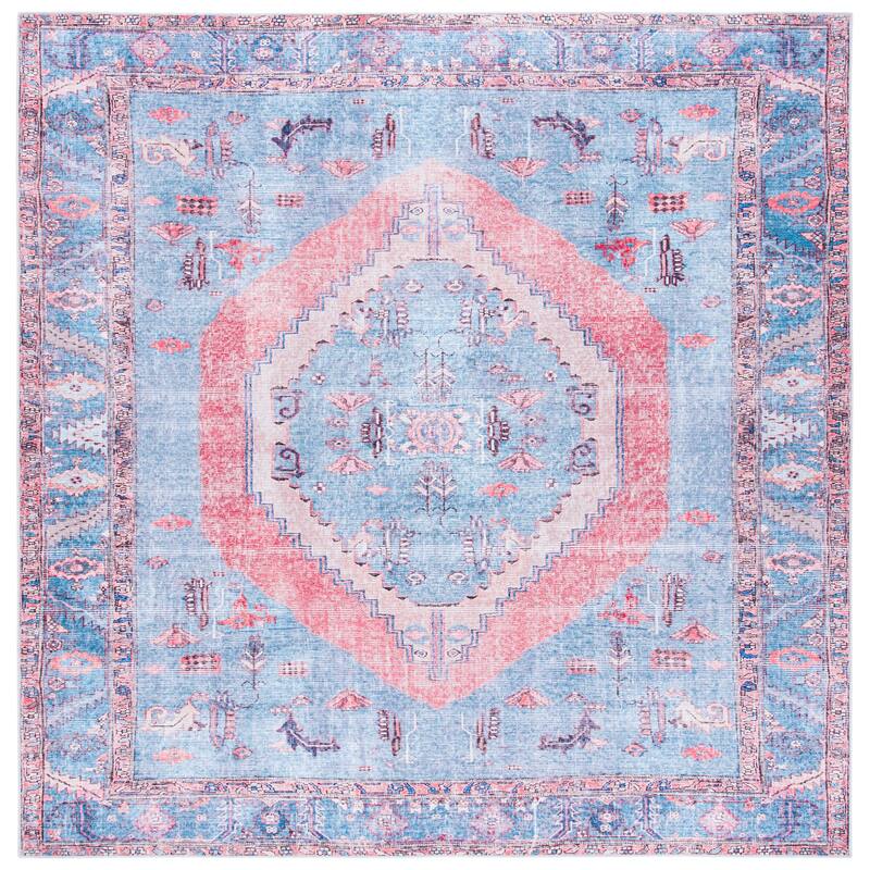 SAFAVIEH Serapi Machine Washable Adelle Shabby Chic Distressed Rug - 6'7" Square - Light Blue/Beige