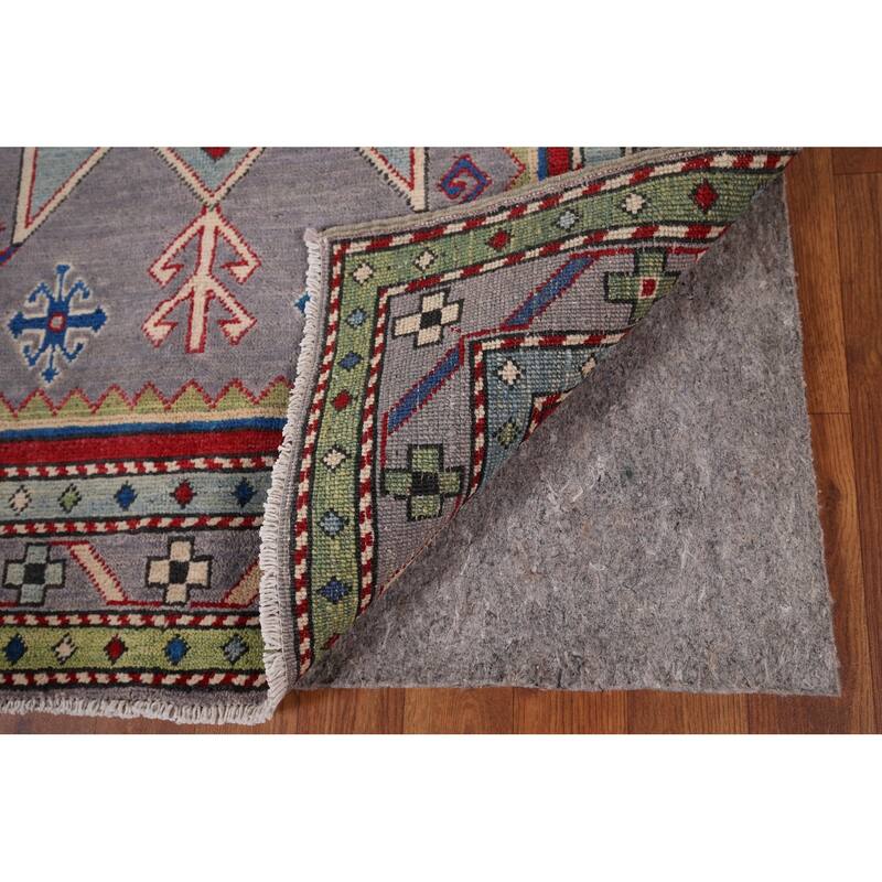 Gray Geometric Kazak Foyer Rug Handmade Oriental Wool Carpet - 3'4" x 5'5"