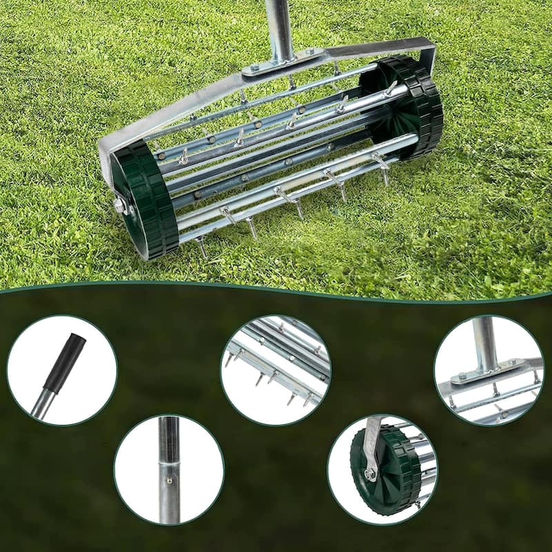 Rolling Lawn Aerator, Rotary Push Tine Spike Soil Gardening Tool, 3-Piece Long Steel Handle - 16"W