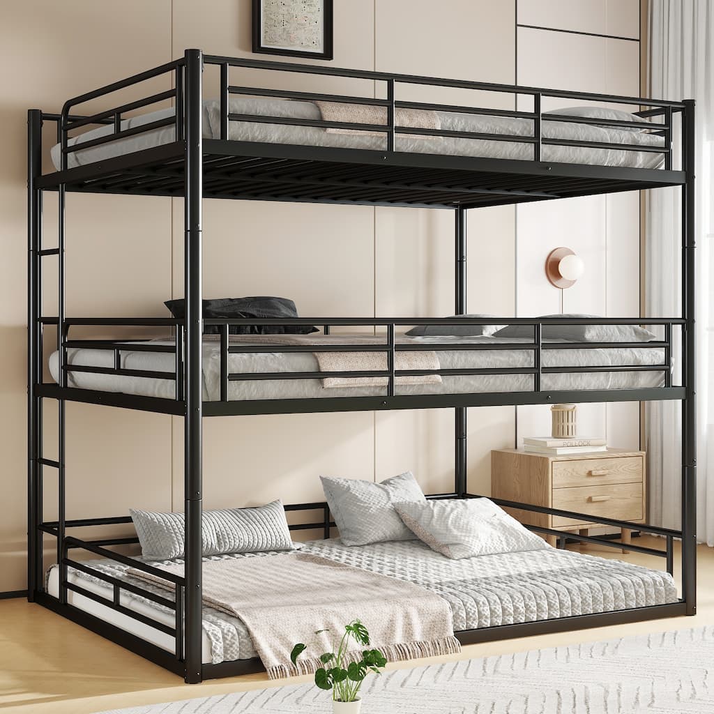 Queen over Queen over Queen Bunk Bed, Metal Triple Bunk Bed with Safety Guardrails, Bunk Bed with Noise-reduced Design