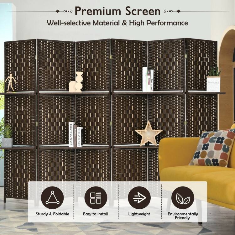 6 Panel Folding Weave Fiber Multipurpose Room Divider with 2 Display Shelves - 95" x 71" (L x H)