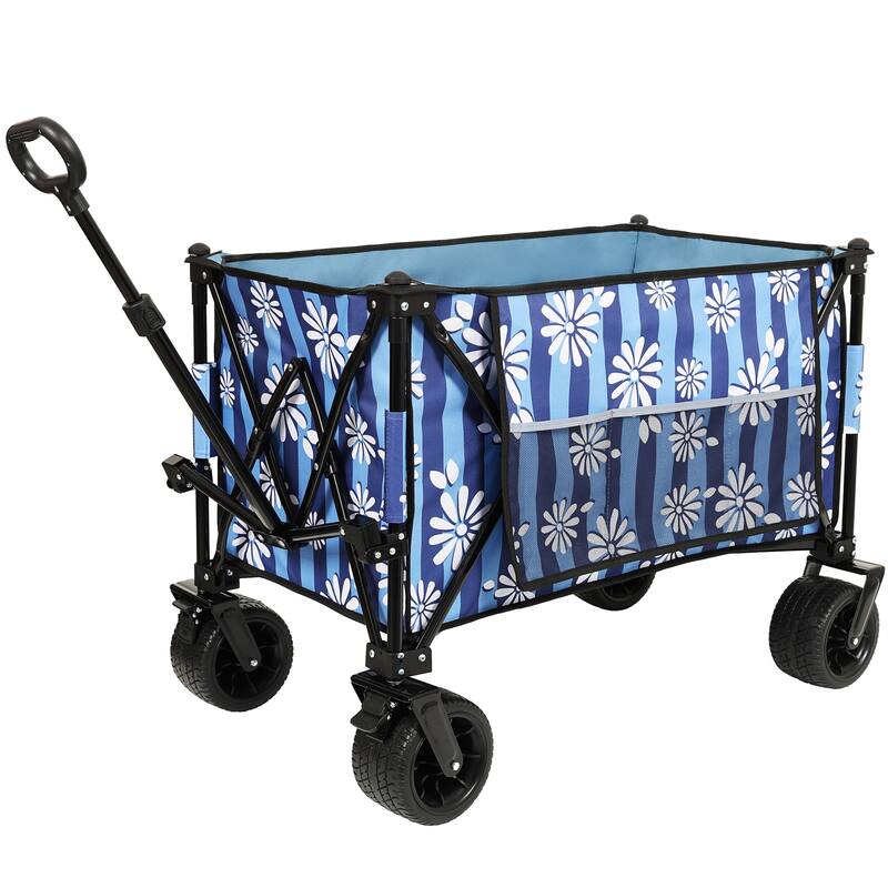 Heavy-Duty 480lb Folding Wagon with Bonus Picnic Mat - All-Terrain Wheels, Drink Holders & Brakes, Blue Print