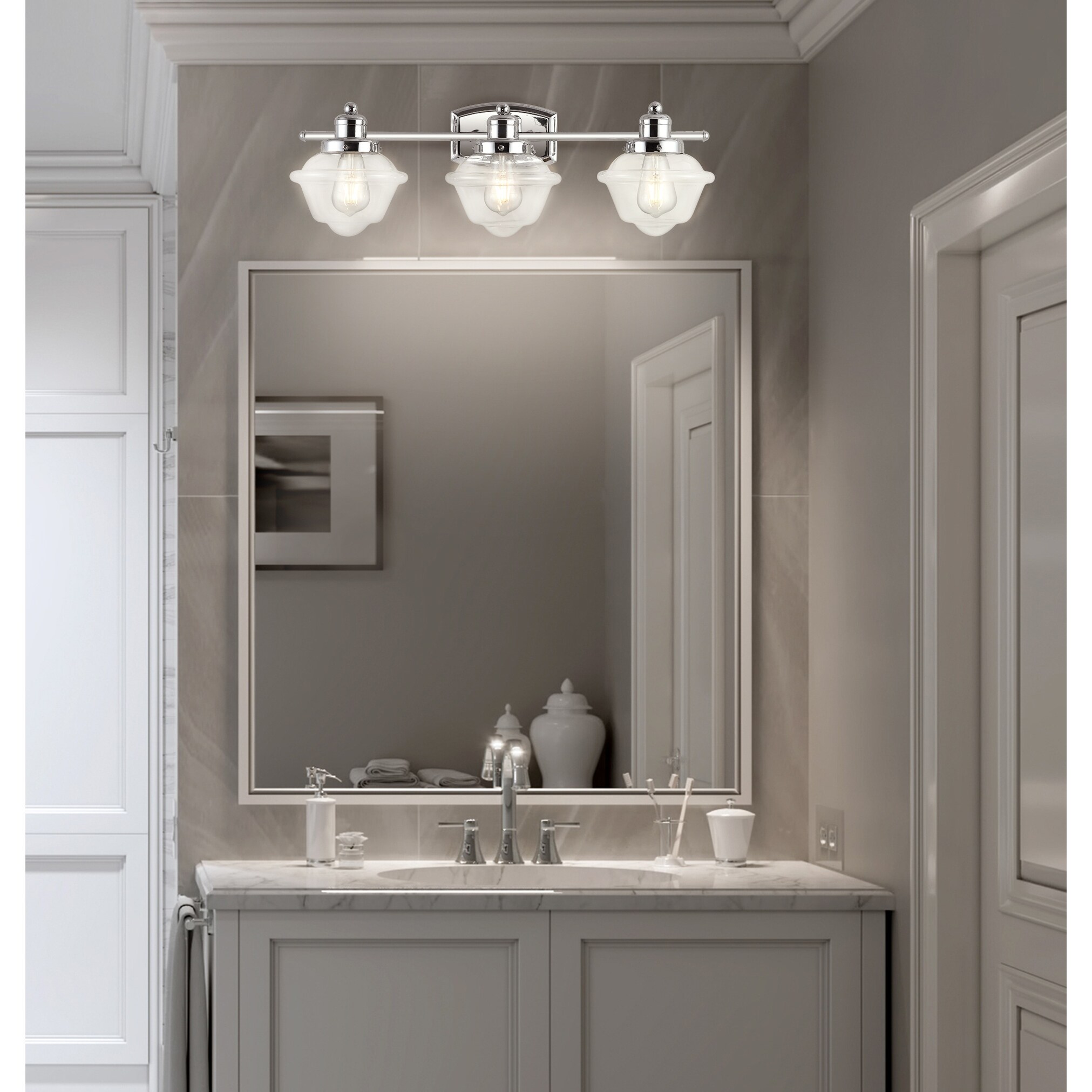 Orleans Iron Glass schoolhouse LED Vanity Light Chrome by JONATHAN Y Bed Bath Beyond 31456189