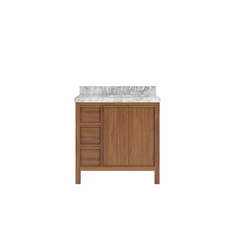 Willow Collections 36 in. W x 22 in. D Elizabeth Solid Teak Right Offset Sink Bathroom Vanity with Countertop - 2”Carrara Marble - Dark Natural