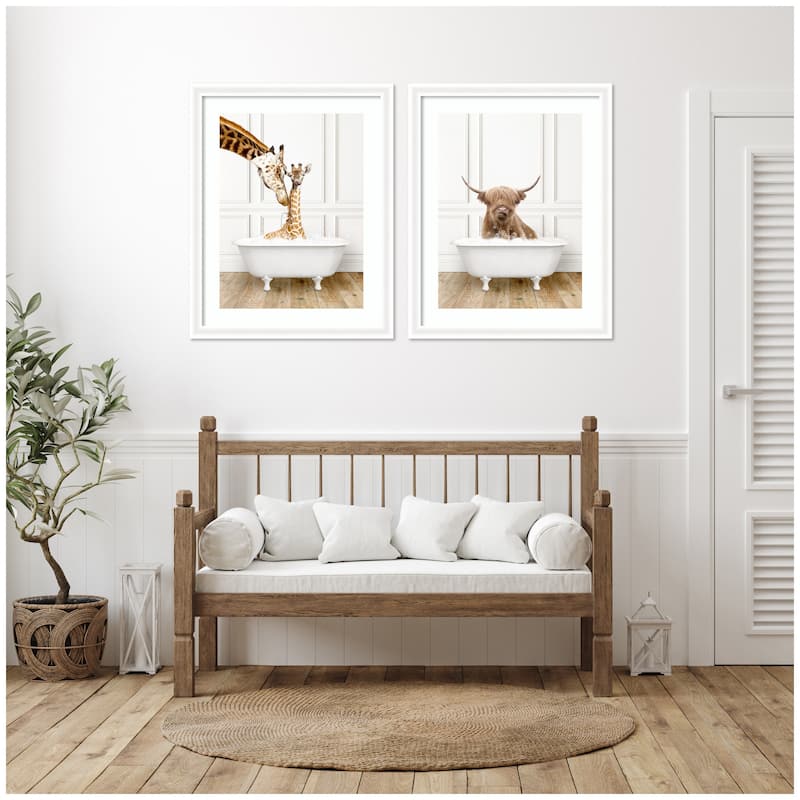 Kate and Laurel Highland Cow & Giraffe in Traditional Bathtub 2 Piece Framed Wall Art Print Set by Amy Peterson