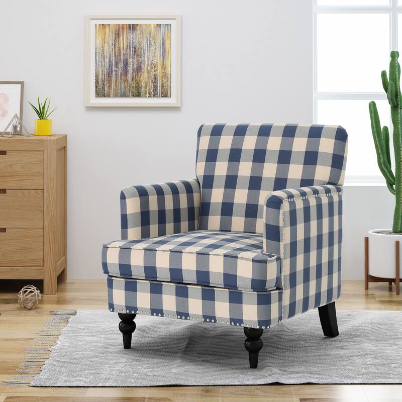 Checkered Accent Chair Club chair, Mid-Century Modern Single Sofa Upholstered Lounge Arm Chair with Wood Frame - Blue