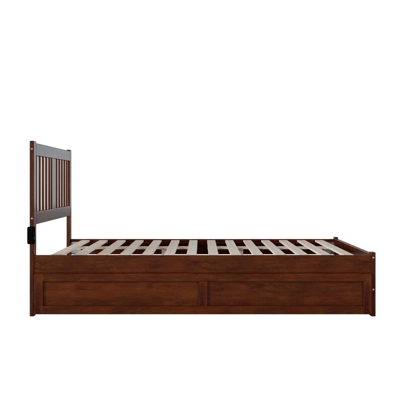 Twin Trundle Bed with Footboard - Walnut Finish, Seaside Style, Solid Wood Frame, Easy Assembly