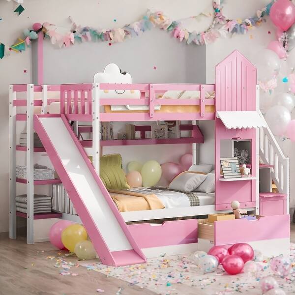 slide 2 of 13, Sturdy Construction & Unique Twin-Over-Twin Castle Style Bunk Bed with 2 Drawers 3 Shelves & Slide,Pink Pink