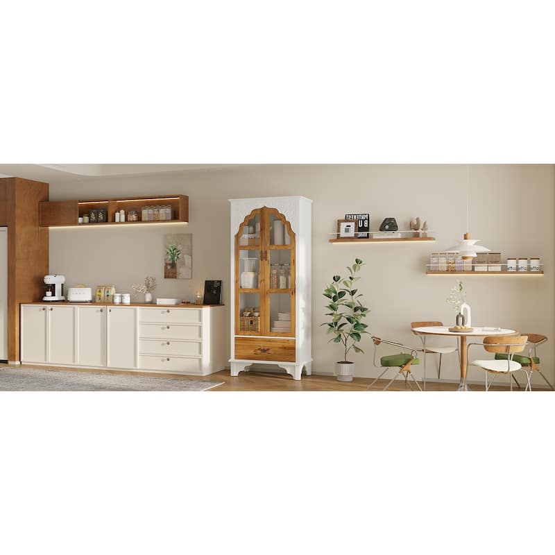 Oak Finish Fir Wood Wooden Curio Cabinet Display Storage Case Bathroom Cabinet Bookcase - 70.9"Hx31.5"W