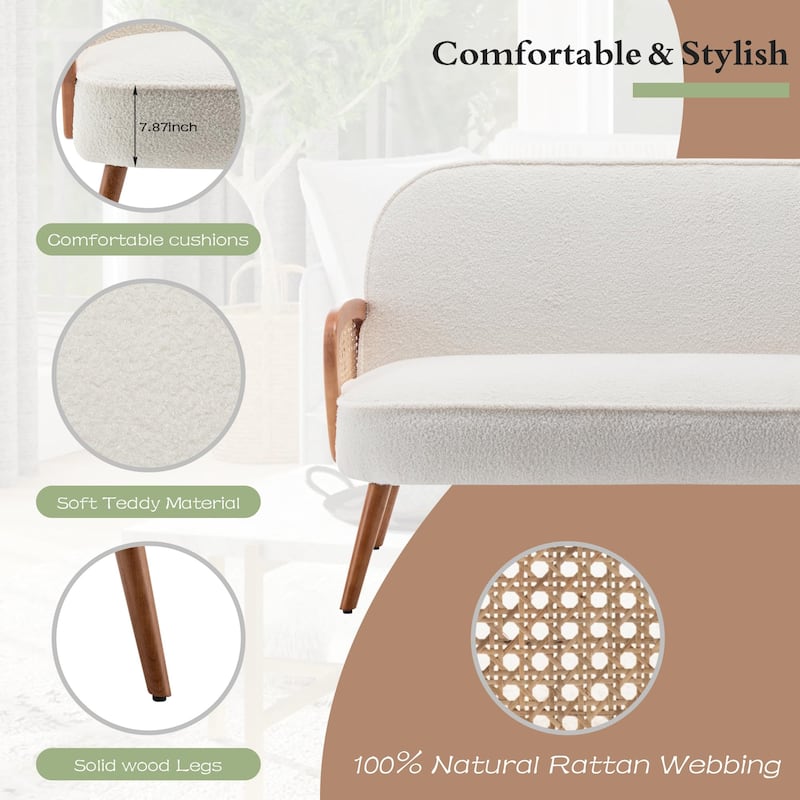 41" W Small Loveseat with Natural Rattan Arms,Upholstered Modern Mini Sofa Couch Love Seat Settee Bench with Back