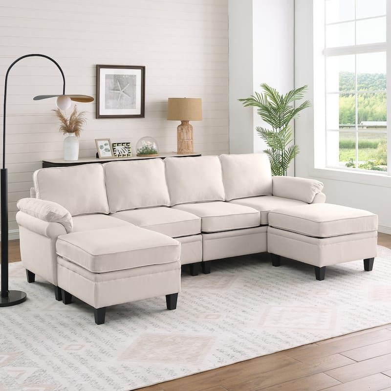 102" U-Shaped Linen Fabric Sectional Sofa with Ottomans