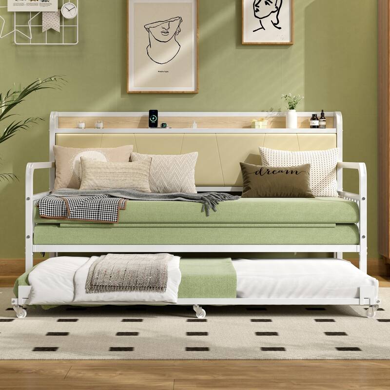 Javlergo White Modern Daybed with Trundle PU Leather Wood Headboard featuring AC USB Outlets for Living Room Bedroom Guest Room