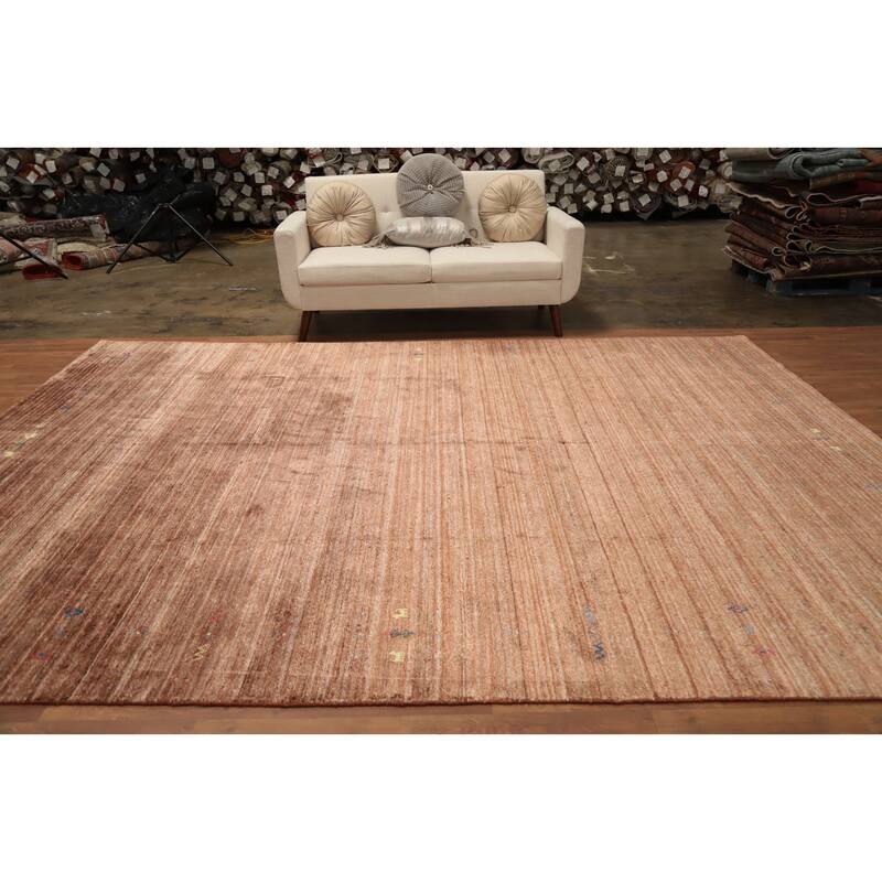 Hand Knotted Oriental Viscose Silk Carpet Tribal Animal Pictorial Brown Gabbeh Area Rug - 11' 11'' X 8' 10''