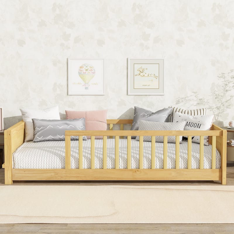 Twin Floor Bed with Built-in Bookcase Rubber Wood Low Profile Platform Bed