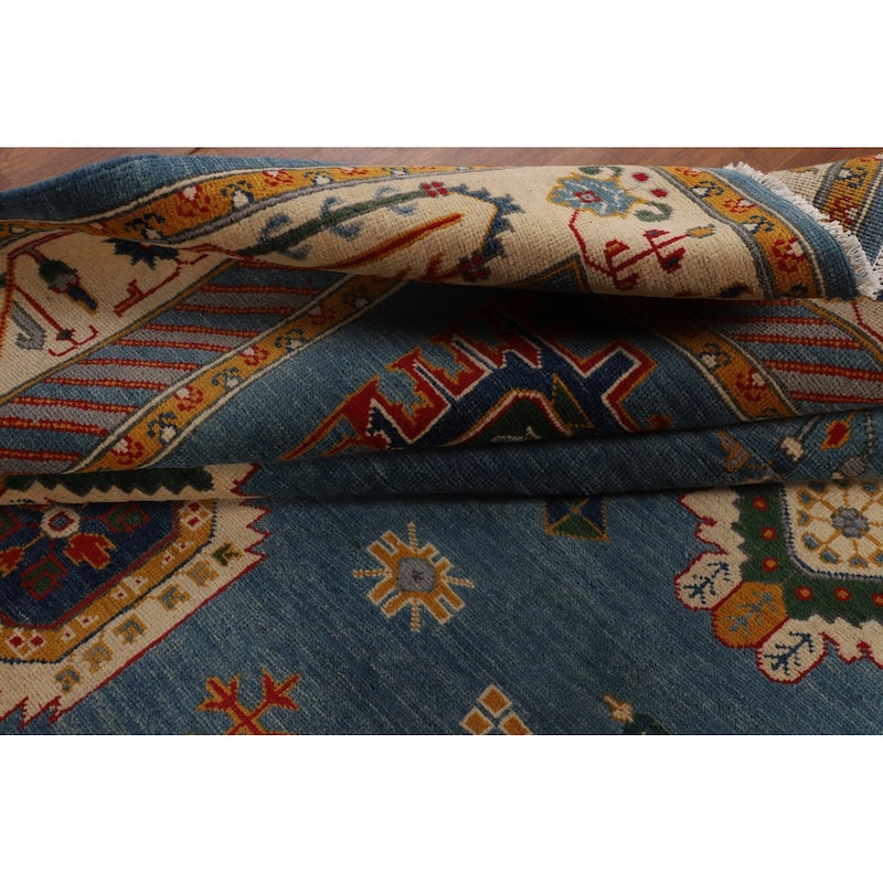 Blue Geometric Kazak Oriental Area Rug Handmade Wool Carpet - 6'8" x 9'7"