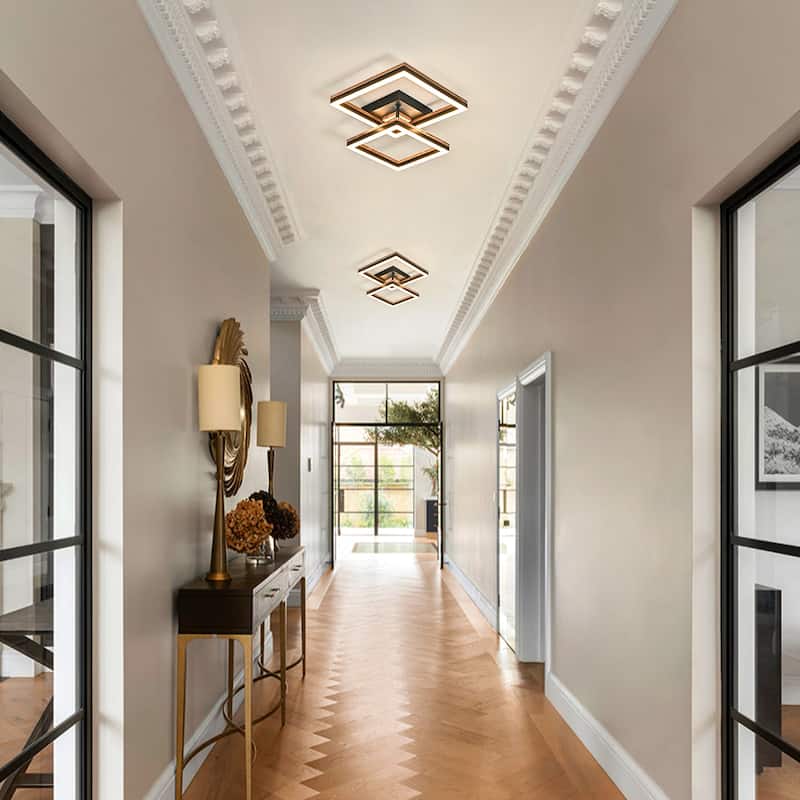 2-Light Farmhouse Integrated LED Rectangle Wood Flush Mount Ceiling Light - W13.4"